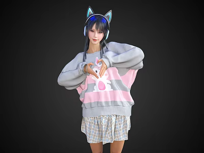 Woman Wearing Cat Ear Headphones Gray and Pink Sweatshirt With Unicorn Design and Plaid Skirt 3d model