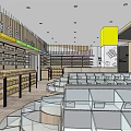 Supermarket Department Store With Large Cartoon Character Shelves Products Round Ceiling Lights And Colorful Billboard