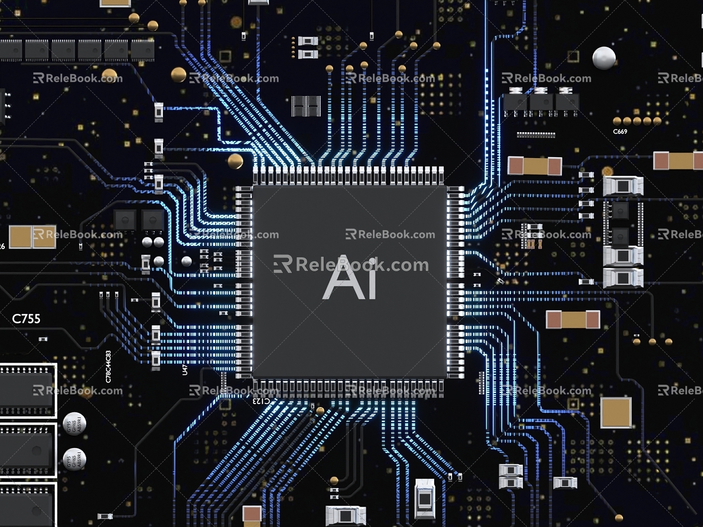 Circuit board smart AI chip science fiction technology big data 5G. 3d model