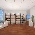 Accessories Store Interior with Display Shelves Round Showcases Wooden Floors and White Walls
