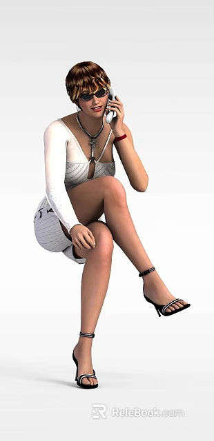 Elegant Woman Wearing White Long Sleeved Dress Sitting With High Heels And Necklace 3d model 