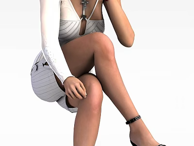 Elegant Woman Wearing White Long Sleeved Dress Sitting With High Heels And Necklace 3d model