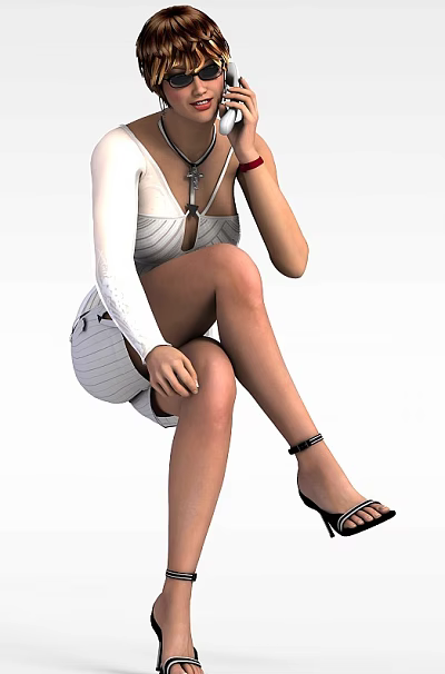 Elegant Woman Wearing White Long Sleeved Dress Sitting With High Heels And Necklace 3d model