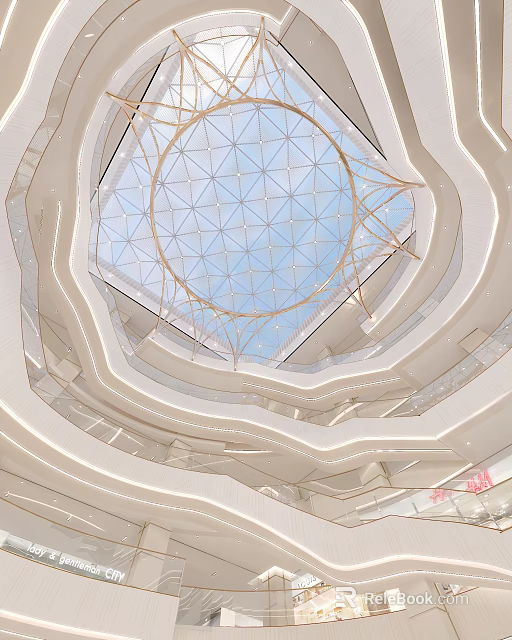 Modern Spacious Mall Atrium With Geometric Glass Dome And Multi Level Circular Lighting Design 3d model