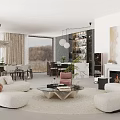 Modern Living Dining Room Interior With Sofa Coffee Table Fireplace And Chandelier