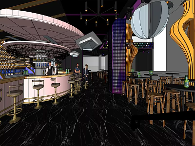 Modern Bar Interior with Bar Counter Stools Customers Dark Marble Floor and Decorative Lights 3d model