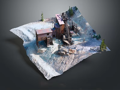 Cartoon Mining Scene In Rocky Terrain With Wooden Buildings Mining Equipment And Pine Trees 3d model