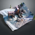 Cartoon Mining Scene In Rocky Terrain With Wooden Buildings Mining Equipment And Pine Trees