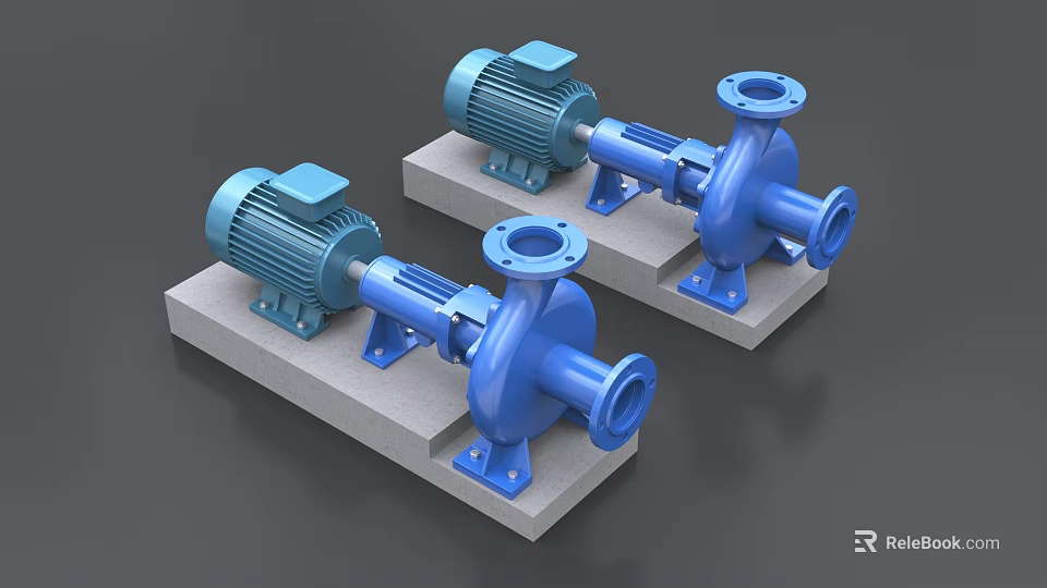 Industrial Blue Motor Pumps Installed on Concrete Base with Pump Body and Connection Parts 3d model 