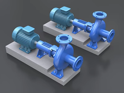 Industrial Blue Motor Pumps Installed on Concrete Base with Pump Body and Connection Parts 3d model