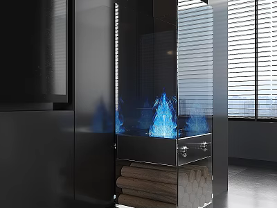 Modern Fireplace with Glass Panel Blue Flames and Stacked Firewood in Contemporary Indoor Space 3d model