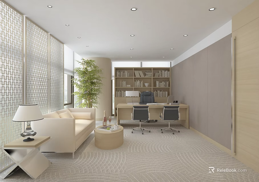 Modern Office Interior Design With Sofa Coffee Table Bookshelf Desk And Chairs 3d model