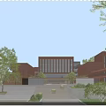 Modern School Building Exterior With Red Flag Steps Green Trees And Blue Sky