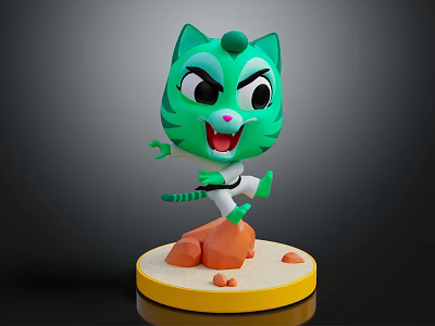 Angry Green Cartoon Cat Character With Kicking Pose On Yellow Base And Orange Rocks 3d model