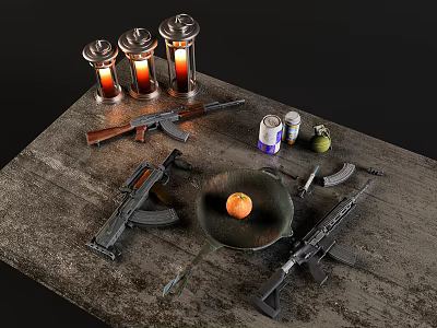 Rifles And Firearms With Burning Lanterns Iron Pan Orange Cans And Grenade On Wooden Table 3d model