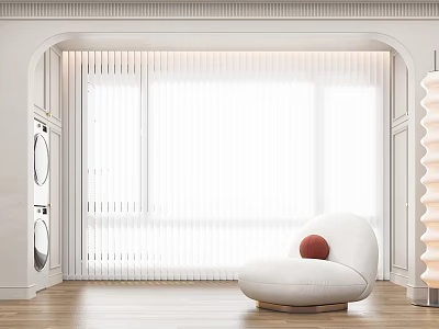 White Vertical Blinds In Modern Interior With Laundry Appliances Cozy Chair And Red Cushion 3d model