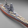 Detailed Warship 3D Model with Gray Hull Red Bottom Deck and Turrets