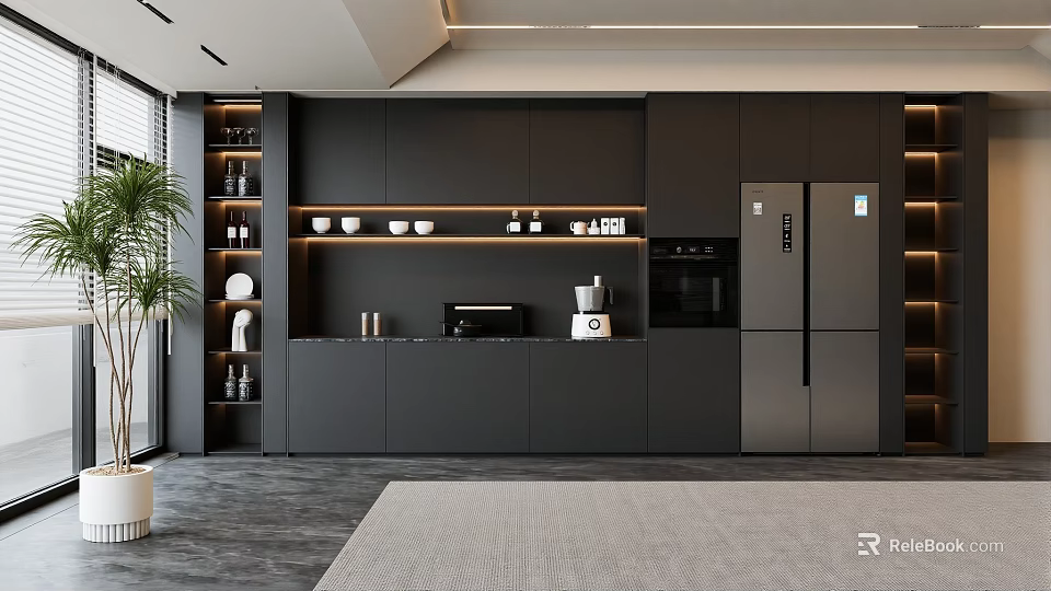 Modern Kitchen Sideboard Design Featuring Black Cabinets Open Shelves Marble Countertop And Appliances 3d model 