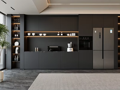 Modern Kitchen Sideboard Design Featuring Black Cabinets Open Shelves Marble Countertop And Appliances 3d model