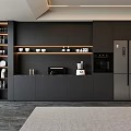 Modern Kitchen Sideboard Design Featuring Black Cabinets Open Shelves Marble Countertop And Appliances