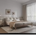 Minimalist Modern Bedroom With Beige Large Bed Wardrobe Wall Art Pendant Light Curtains And Rug