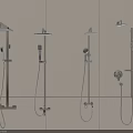 Various Modern Metal Shower Systems Featuring Overhead And Handheld Parts On Grey Tile Wall