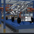 Automotive Production Line With Robotic Arms Assembling Car Chassis And Wheels On Blue Platform