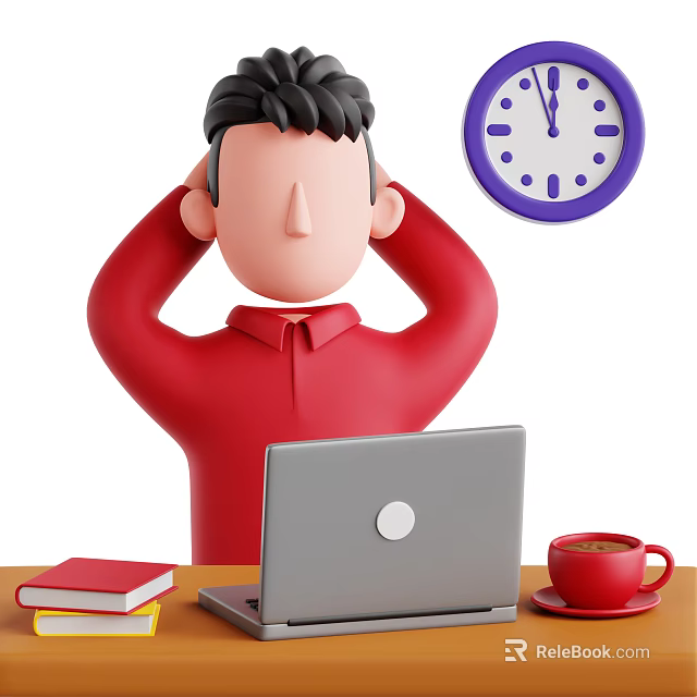 Man in Red Shirt sitting at desk with laptop book coffee cup and purple clock 3d model 