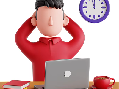 Man in Red Shirt sitting at desk with laptop book coffee cup and purple clock 3d model