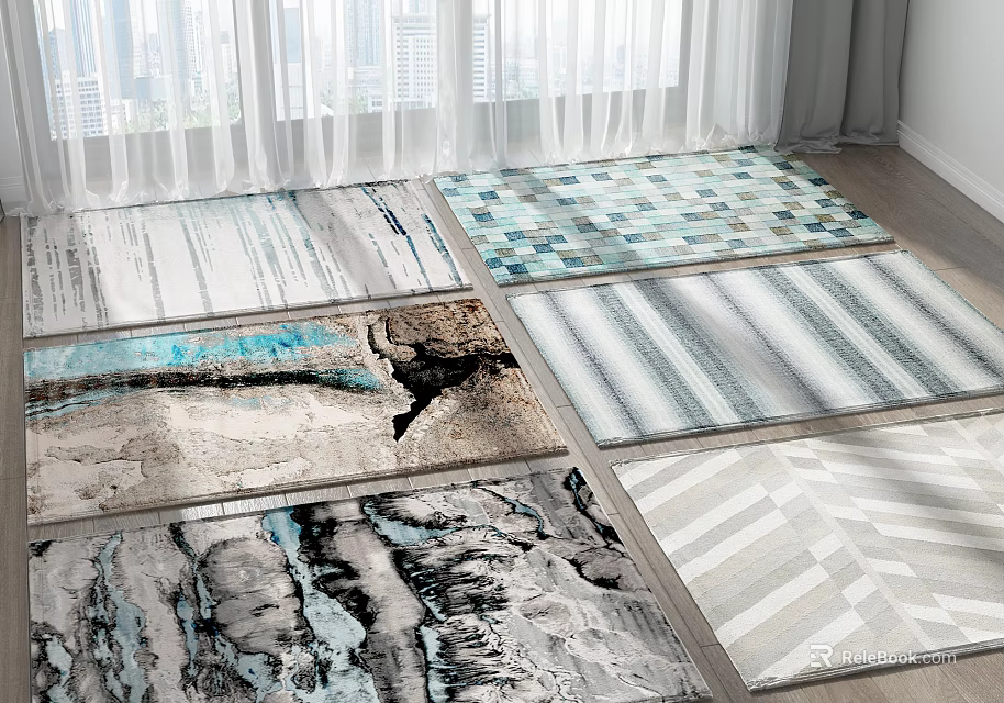 Stylish Square Rugs With Modern Striped Geometric And Abstract Designs In Blue Gray White Tones 3d model 