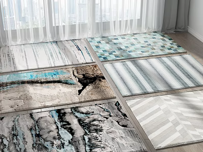 Stylish Square Rugs With Modern Striped Geometric And Abstract Designs In Blue Gray White Tones 3d model