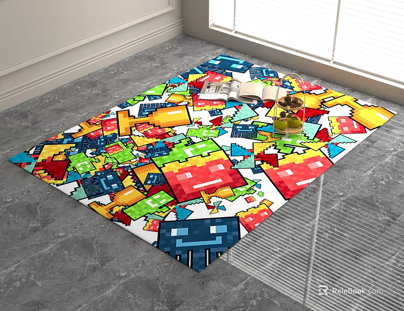 Vibrant Pixel Art Square Rug Featuring Colorful Block And Character Patterns On Floor 3d model 