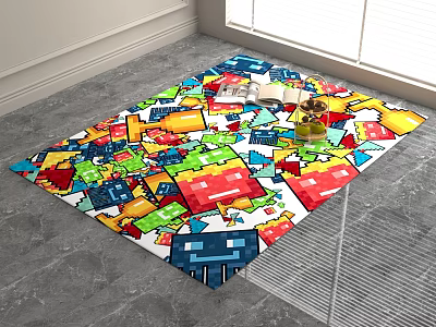 Vibrant Pixel Art Square Rug Featuring Colorful Block And Character Patterns On Floor 3d model