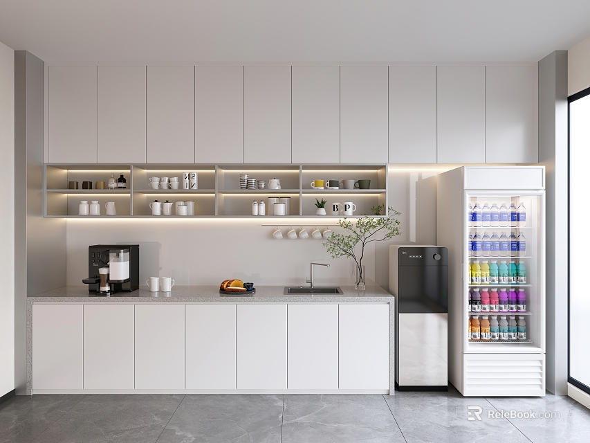 Modern Break Room with White Cabinets Open Shelves Coffee Machine Beverage Fridge and Green Plant 3d model 