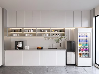Modern Break Room with White Cabinets Open Shelves Coffee Machine Beverage Fridge and Green Plant 3d model