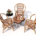 Outdoor Table with Rattan Chairs Wooden Top Tray Cups Teapot and Side Table with Flowers