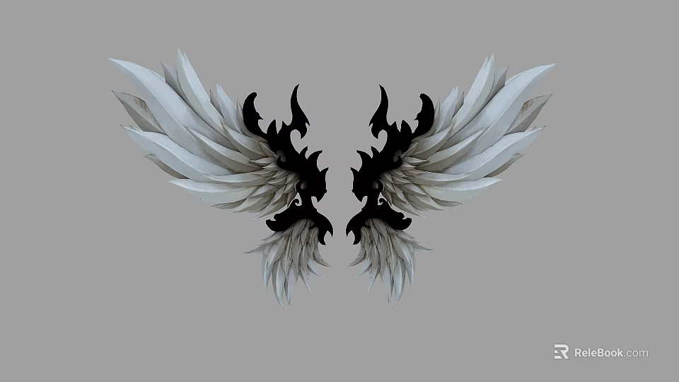 Symmetrical Black and White Flying Animal Wings with Flame Like Decorations on Gray Background 3d model 