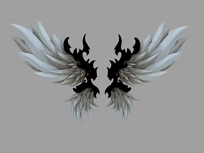 Symmetrical Black and White Flying Animal Wings with Flame Like Decorations on Gray Background 3d model