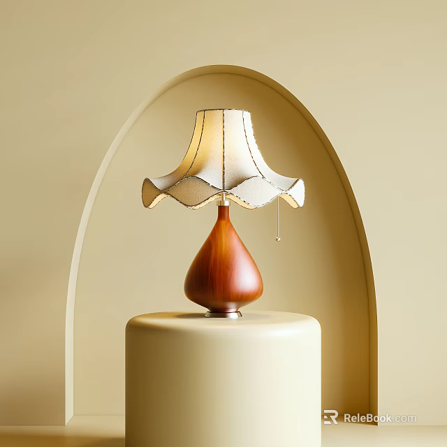 Table Lamp With White Pleated Lampshade Wooden Teardrop Base On Beige Cylindrical Pedestal Arched Background 3d model 