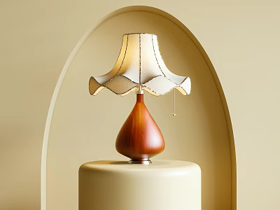 Table Lamp With White Pleated Lampshade Wooden Teardrop Base On Beige Cylindrical Pedestal Arched Background 3d model