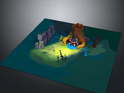 Futuristic SciFi Cavern With Glowing Blue Core And Silhouetted Figures Near Rock Formations 3d model