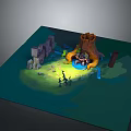 Futuristic SciFi Cavern With Glowing Blue Core And Silhouetted Figures Near Rock Formations