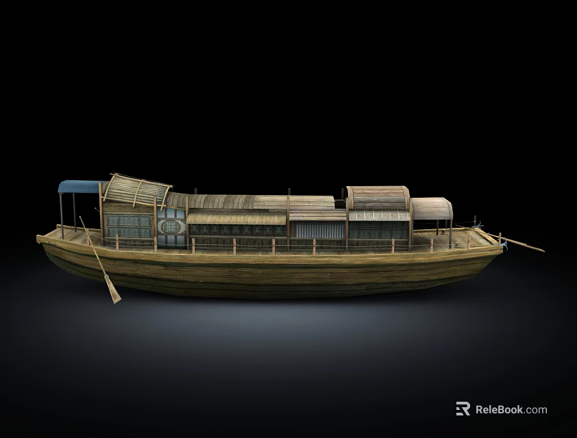 Traditional Wooden Boat With Classic Roofs Railings Windows And Oar Structure 3d model 