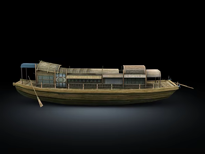Traditional Wooden Boat With Classic Roofs Railings Windows And Oar Structure 3d model