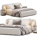 Modern Upholstered Double Bed With Beige Headboard Plush Pillows And Soft Blanket