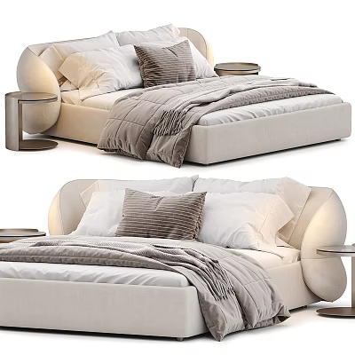 Modern Upholstered Double Bed With Beige Headboard Plush Pillows And Soft Blanket 3d model