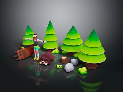 Cartoon Forest Scene With Green Trees Character Bear Logs Stones And Mushrooms 3d model