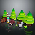 Cartoon Forest Scene With Green Trees Character Bear Logs Stones And Mushrooms