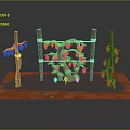 Fresh Purple Grapes Hanging On Green Vines Over Wooden Stick Frames On Brown Ground