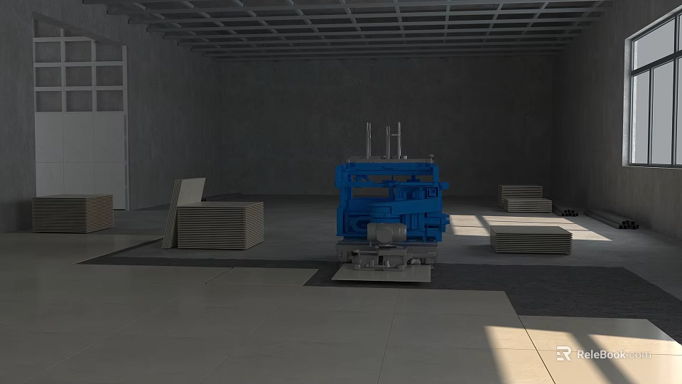 Building Construction Interior With Blue Machinery Stacked Planks And Ceiling Grid 3d model